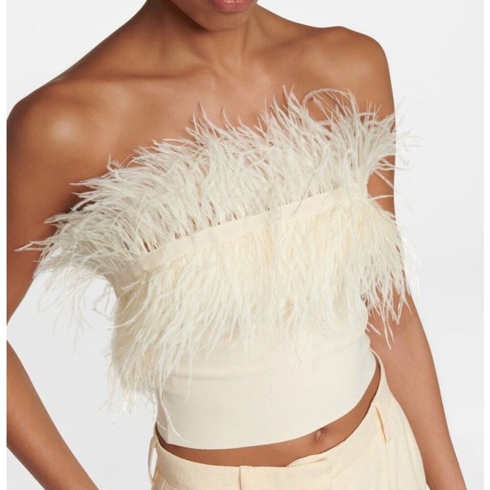 $217 Staud Nellie Ivory Feather Trimmed Knit Crop Top - S